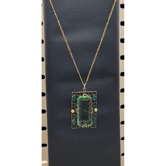 Artistry Green Glass Filigree Framed Pendant Necklace Enamel & Faux Pearl Accent - Picture 15 of 16